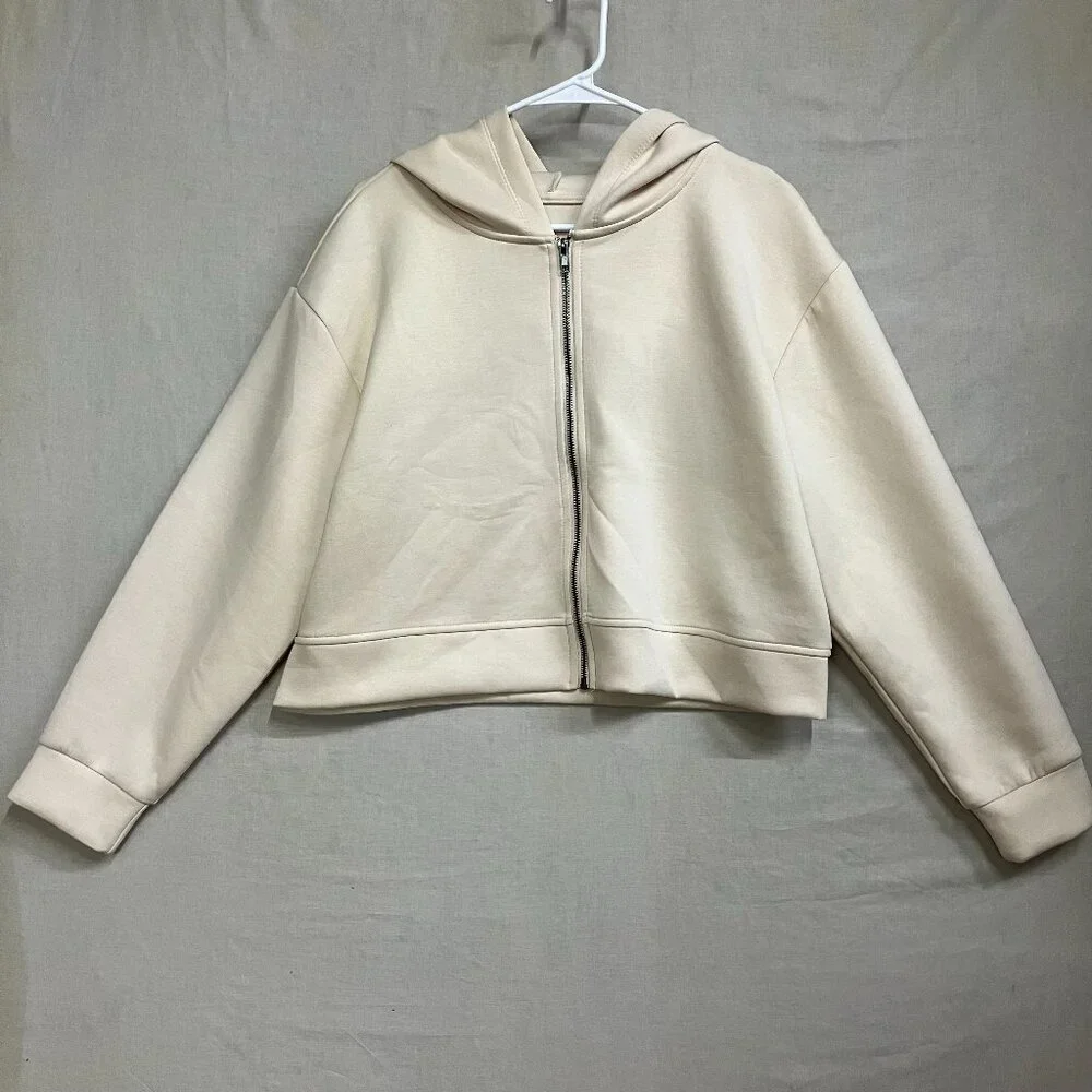 A New Day Women's Large Cream Double Knit Full Zip Hoodie Sweatshirt Long Sleeve - Picture 2 of 10